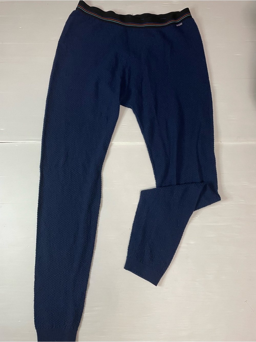 Patagonia Blue Capilene Base Layer Leggings Striped Waistband Size Large